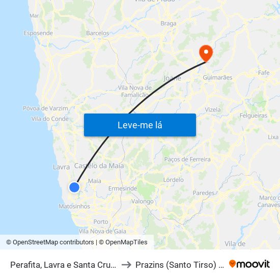 Perafita, Lavra e Santa Cruz do Bispo to Prazins (Santo Tirso) e Corvite map