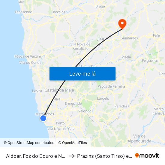 Aldoar, Foz do Douro e Nevogilde to Prazins (Santo Tirso) e Corvite map