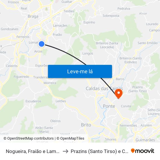 Nogueira, Fraião e Lamaçães to Prazins (Santo Tirso) e Corvite map