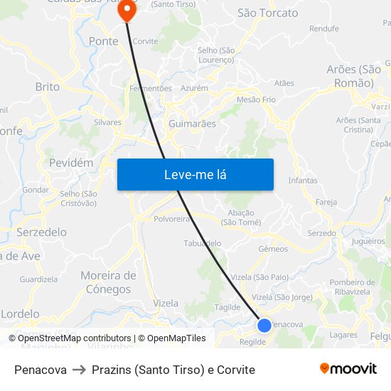 Penacova to Prazins (Santo Tirso) e Corvite map