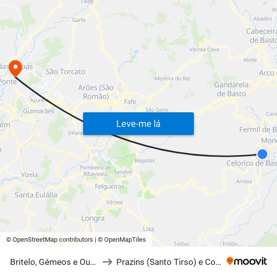 Britelo, Gémeos e Ourilhe to Prazins (Santo Tirso) e Corvite map