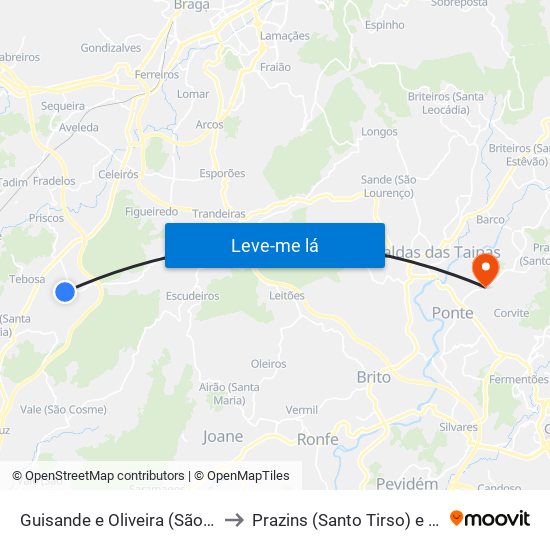 Guisande e Oliveira (São Pedro) to Prazins (Santo Tirso) e Corvite map