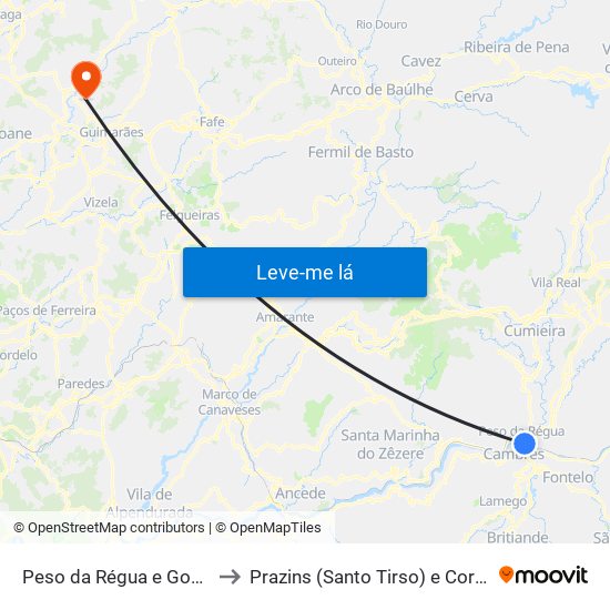 Peso da Régua e Godim to Prazins (Santo Tirso) e Corvite map