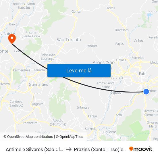 Antime e Silvares (São Clemente) to Prazins (Santo Tirso) e Corvite map