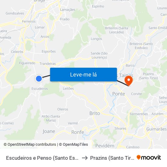 Escudeiros e Penso (Santo Estêvão e São Vicente) to Prazins (Santo Tirso) e Corvite map