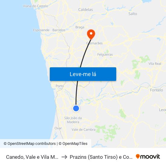 Canedo, Vale e Vila Maior to Prazins (Santo Tirso) e Corvite map