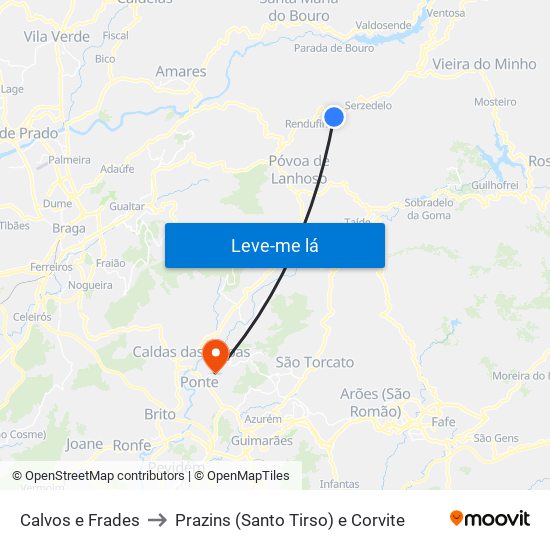 Calvos e Frades to Prazins (Santo Tirso) e Corvite map