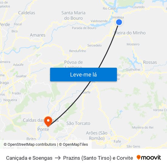 Caniçada e Soengas to Prazins (Santo Tirso) e Corvite map