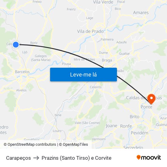 Carapeços to Prazins (Santo Tirso) e Corvite map