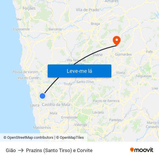 Gião to Prazins (Santo Tirso) e Corvite map