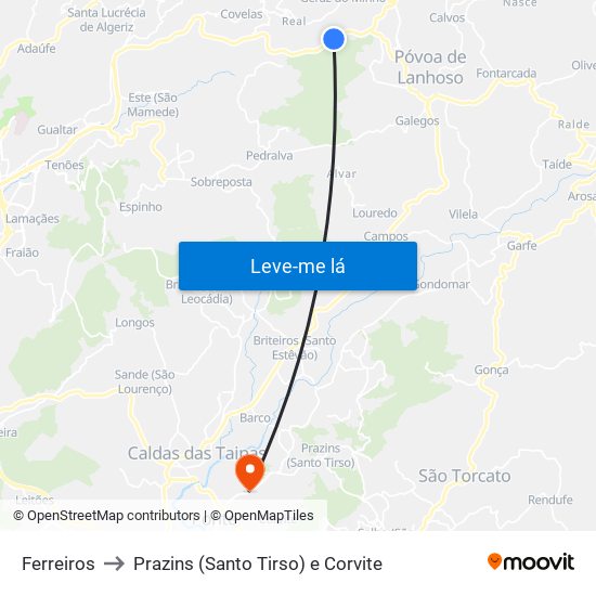 Ferreiros to Prazins (Santo Tirso) e Corvite map