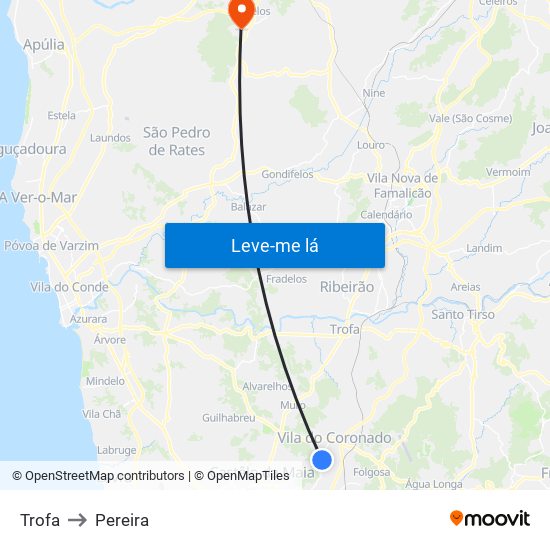 Trofa to Pereira map