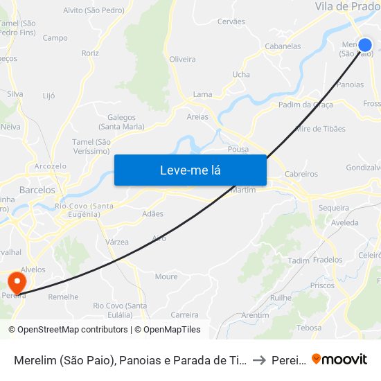 Merelim (São Paio), Panoias e Parada de Tibães to Pereira map