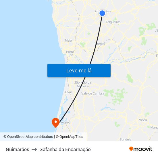 Guimarães to Gafanha da Encarnação map