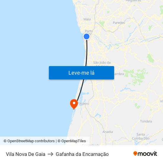 Vila Nova De Gaia to Gafanha da Encarnação map