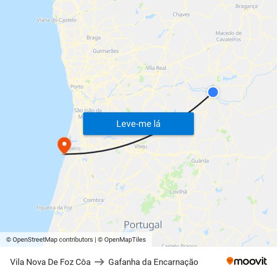 Vila Nova De Foz Côa to Gafanha da Encarnação map