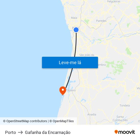Porto to Gafanha da Encarnação map