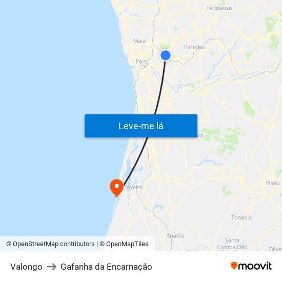 Valongo to Gafanha da Encarnação map