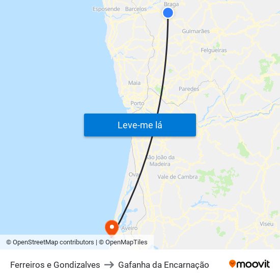 Ferreiros e Gondizalves to Gafanha da Encarnação map