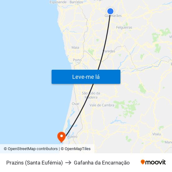 Prazins (Santa Eufémia) to Gafanha da Encarnação map