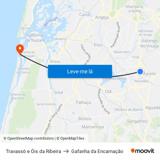 Travassô e Óis da Ribeira to Gafanha da Encarnação map