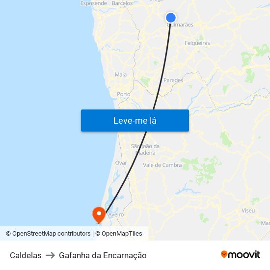 Caldelas to Gafanha da Encarnação map