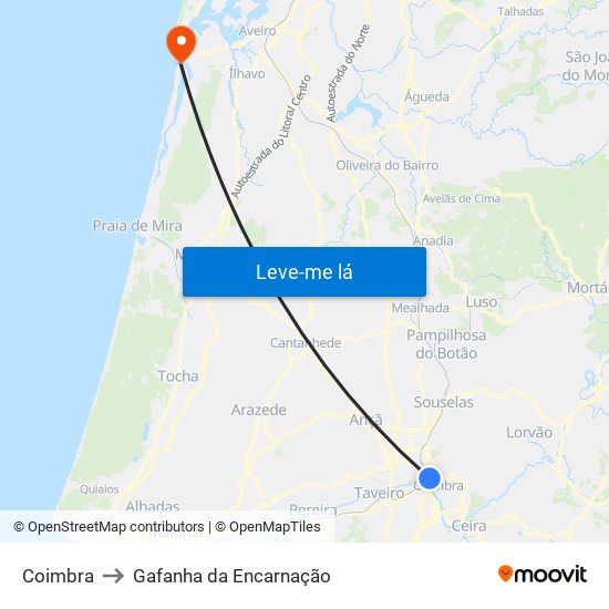 Coimbra to Gafanha da Encarnação map