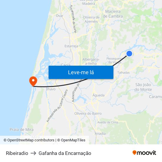 Ribeiradio to Gafanha da Encarnação map