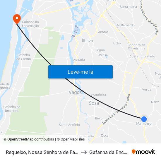 Requeixo, Nossa Senhora de Fátima e Nariz to Gafanha da Encarnação map