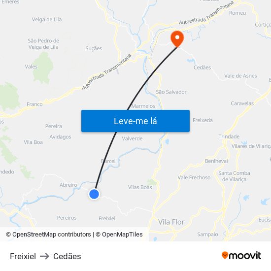Freixiel to Cedães map