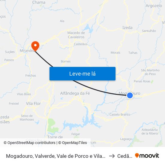 Mogadouro, Valverde, Vale de Porco e Vilar de Rei to Cedães map