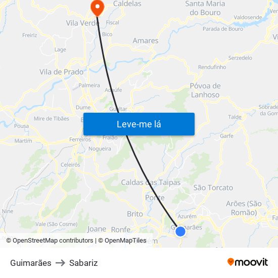 Guimarães to Sabariz map