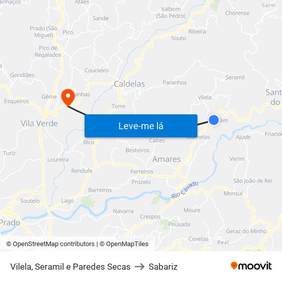 Vilela, Seramil e Paredes Secas to Sabariz map