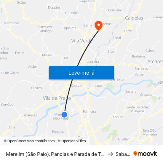 Merelim (São Paio), Panoias e Parada de Tibães to Sabariz map