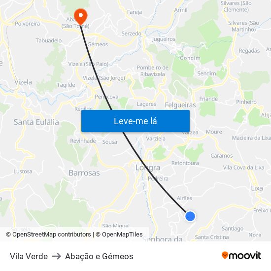 Vila Verde to Abação e Gémeos map