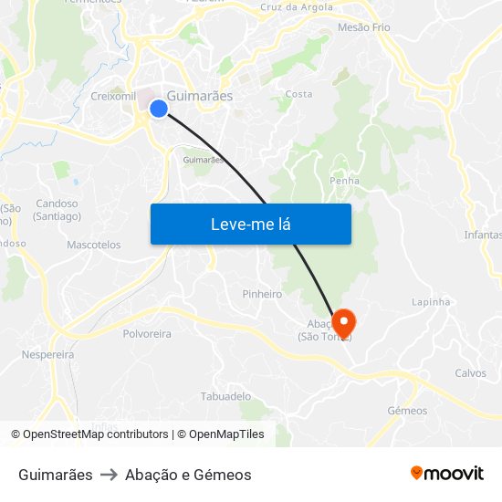 Guimarães to Abação e Gémeos map