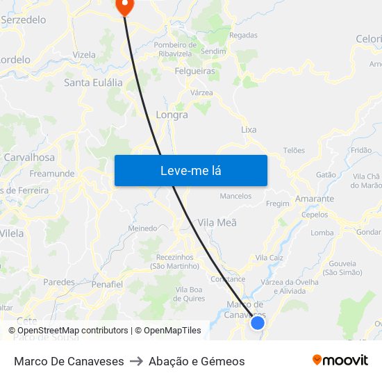 Marco De Canaveses to Abação e Gémeos map