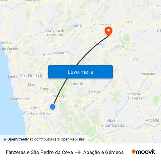 Fânzeres e São Pedro da Cova to Abação e Gémeos map