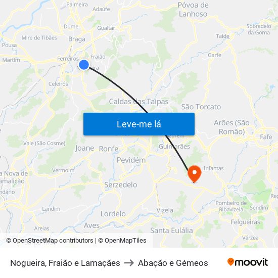 Nogueira, Fraião e Lamaçães to Abação e Gémeos map