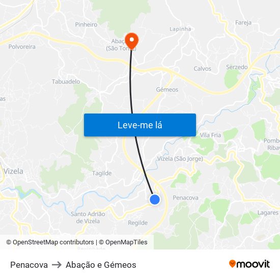 Penacova to Abação e Gémeos map