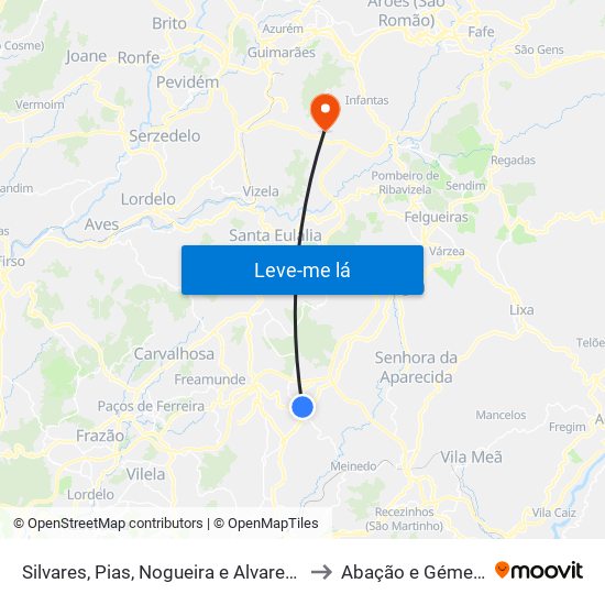 Silvares, Pias, Nogueira e Alvarenga to Abação e Gémeos map