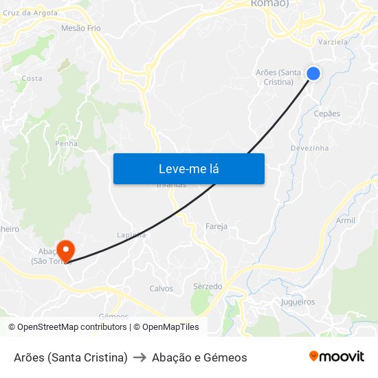 Arões (Santa Cristina) to Abação e Gémeos map