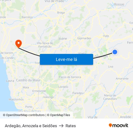 Ardegão, Arnozela e Seidões to Rates map