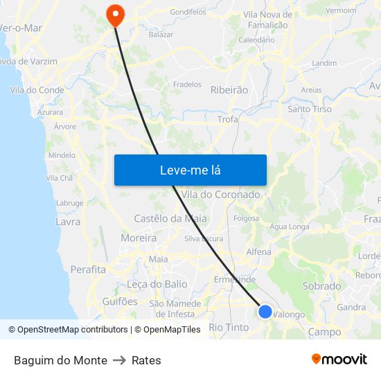 Baguim do Monte to Rates map