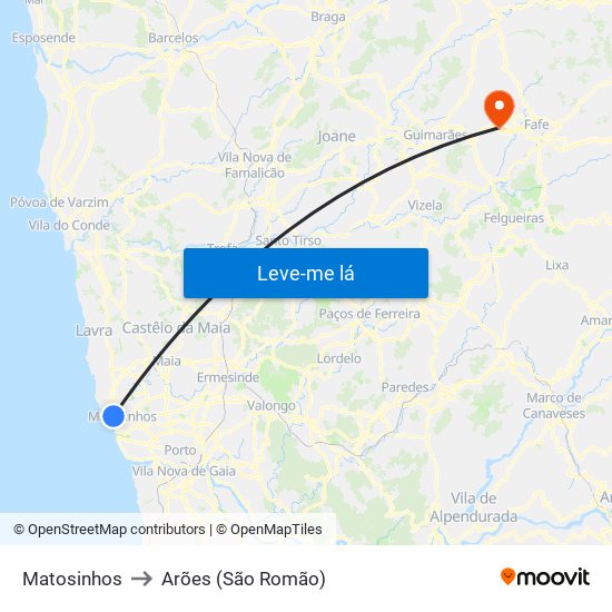 Matosinhos to Arões (São Romão) map