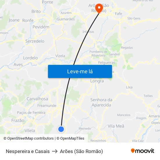 Nespereira e Casais to Arões (São Romão) map