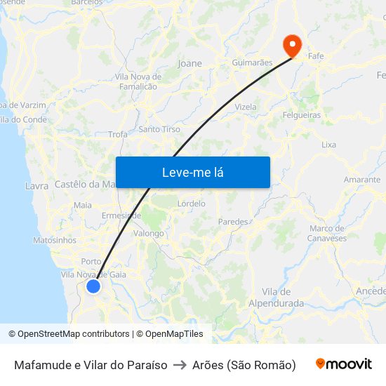 Mafamude e Vilar do Paraíso to Arões (São Romão) map