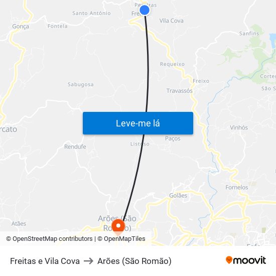 Freitas e Vila Cova to Arões (São Romão) map