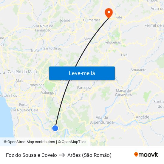 Foz do Sousa e Covelo to Arões (São Romão) map
