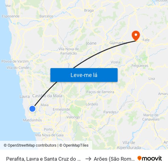 Perafita, Lavra e Santa Cruz do Bispo to Arões (São Romão) map